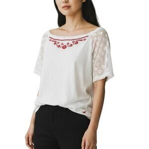 Hollister Easy Fit Bay Shore Too Shirt Womens Sz Small Y2K boat neck Embroidered